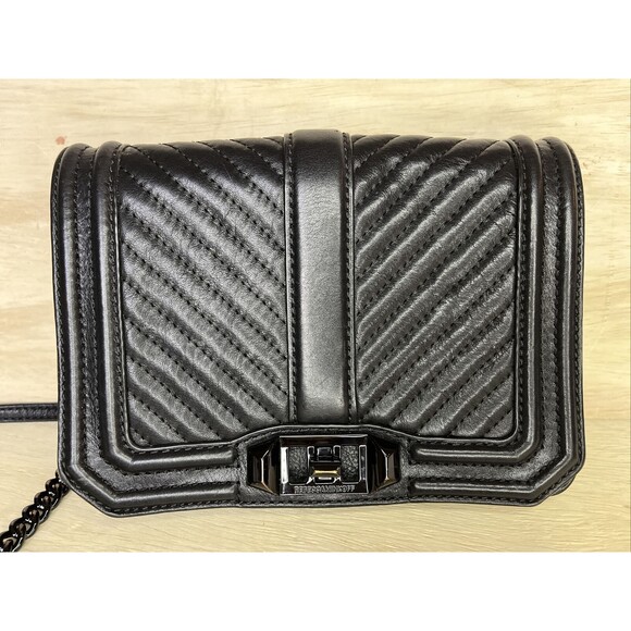 REBECCA MINKOFF Black Leather Quilted Chevron Chain Inset Strap Crossbody Purse - Picture 2 of 16